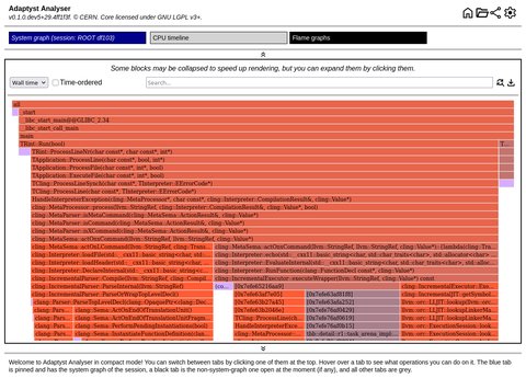 Adaptyst Analyser screenshot showcasing the compact mode with a flame graph in the currently-focused tab